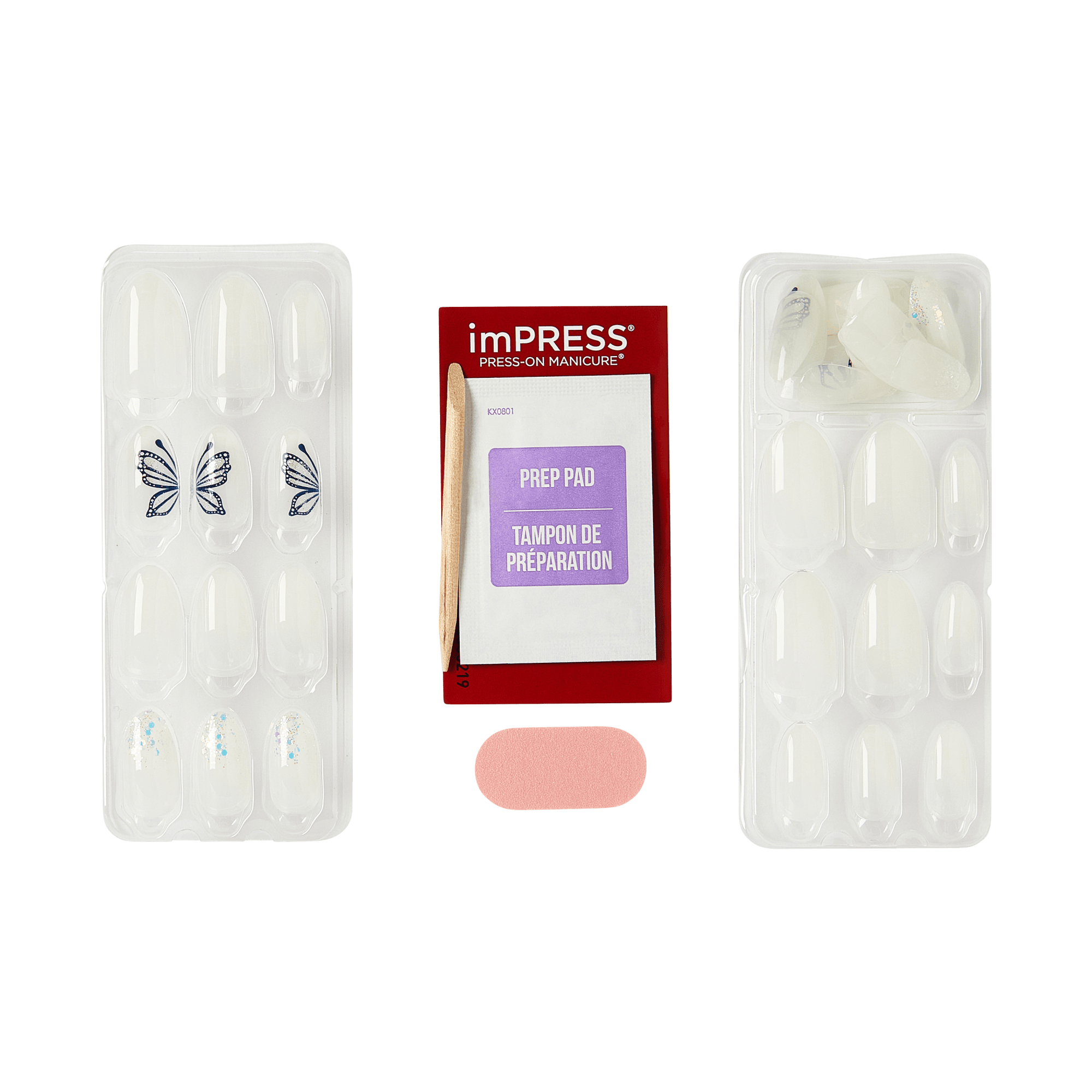 The image features a set of press-on nails arranged in a neat layout. On the left, there is a tray containing several clear nails, some adorned with decorative designs, including a butterfly motif. In the center, there is a package labeled "imPRESS PRESS-ON MANICURE" that includes a "Prep Pad" for nail preparation. On the right, another tray holds additional clear nails, some with embellishments. The overall presentation suggests a complete manicure kit for easy application.