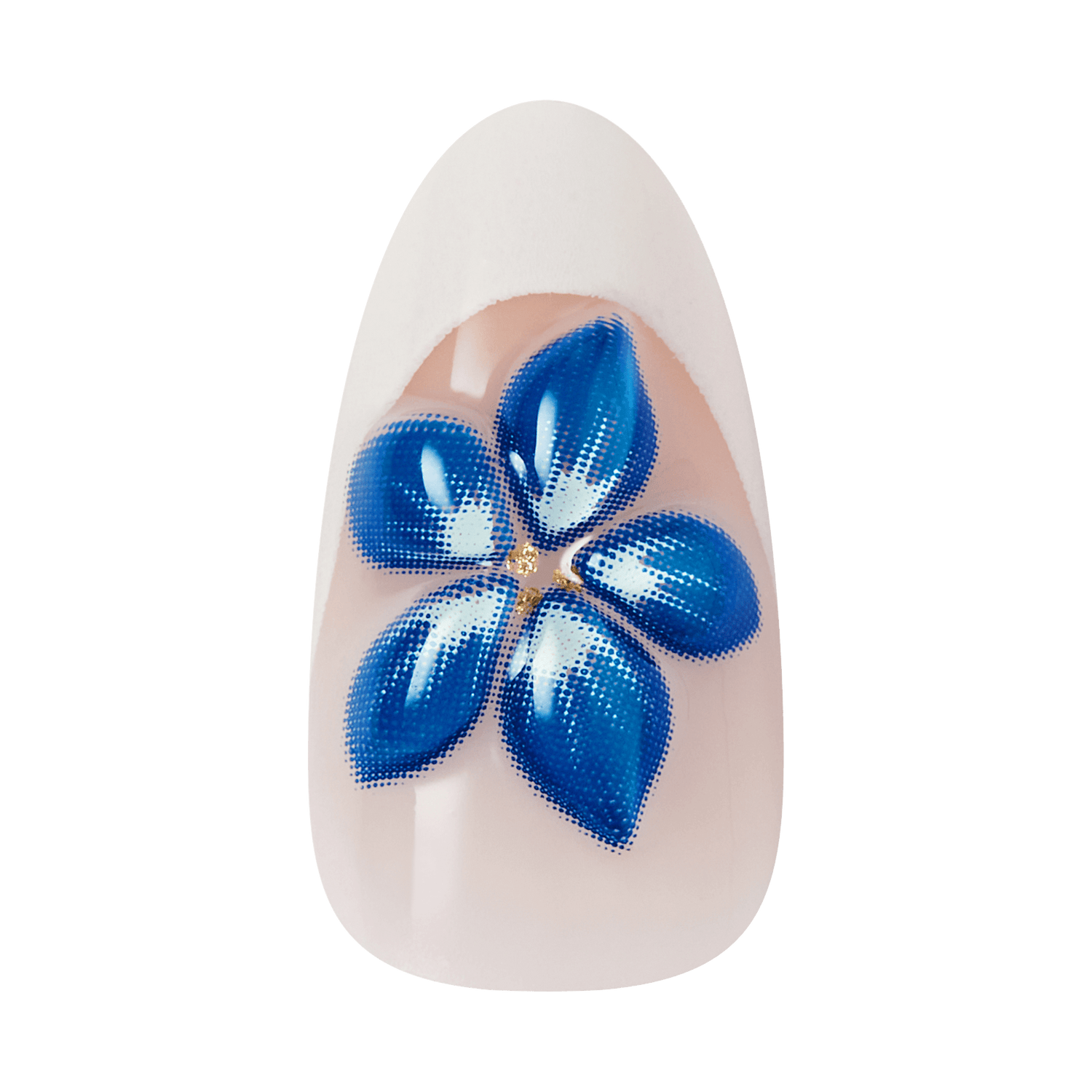 Nail art with a blue flower design on a beige background