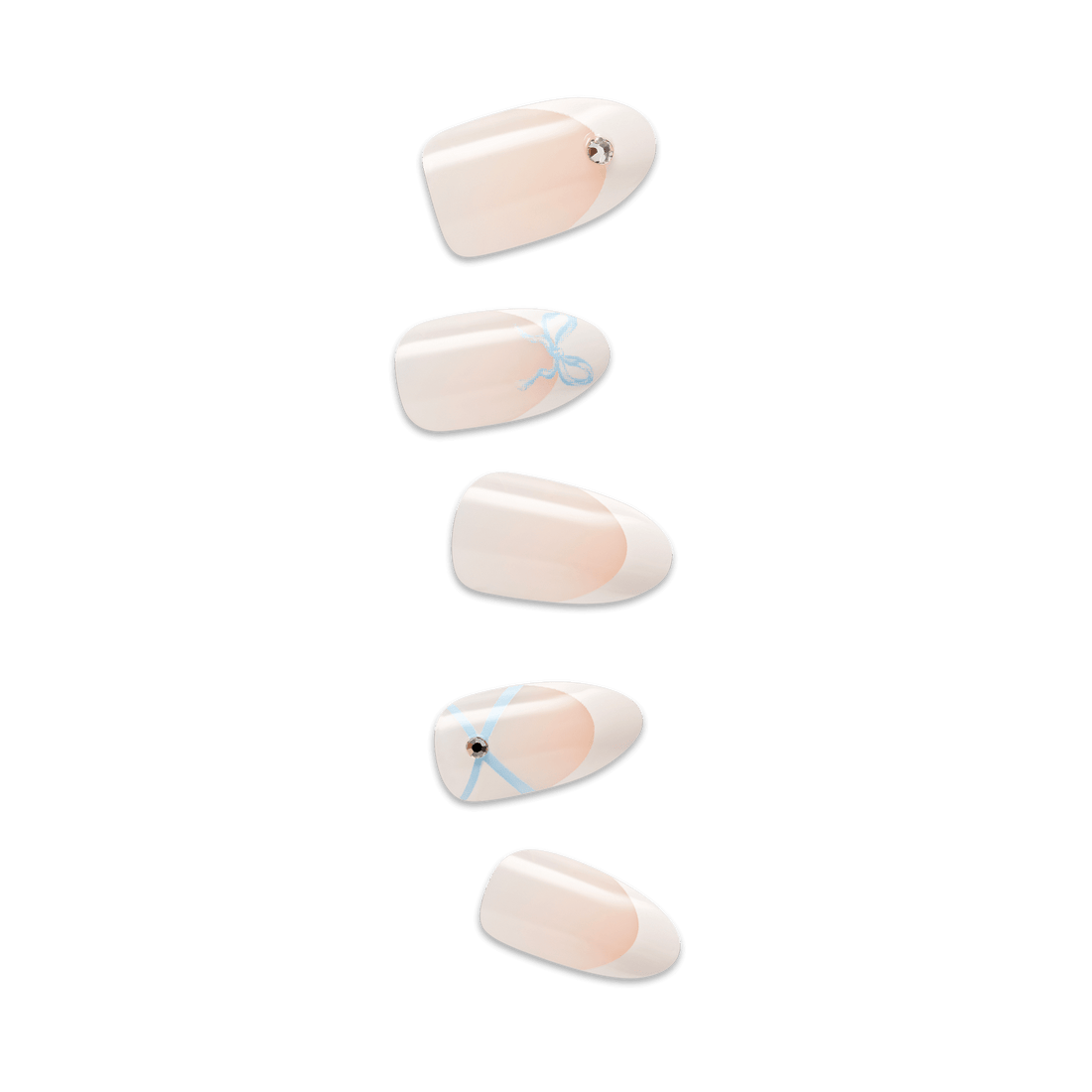Set of five glossy press-on nails in soft peach tones, featuring delicate light blue bow designs and small rhinestone accents on two nails.