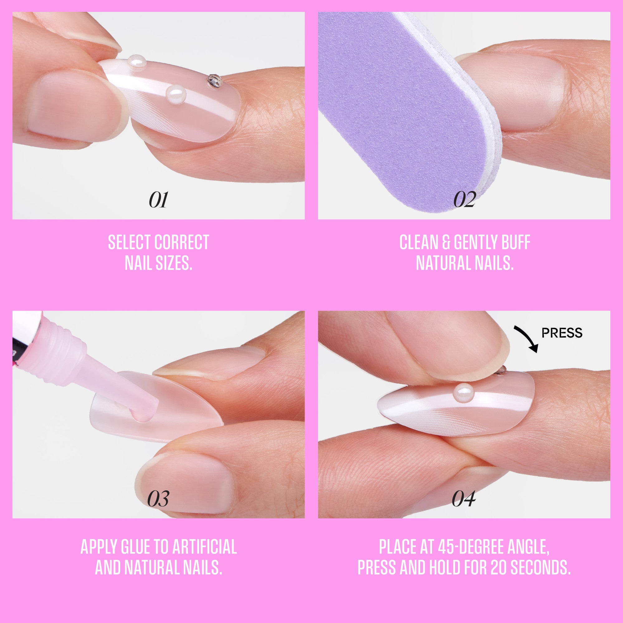 Step-by-step guide on applying artificial nails with text instructions.