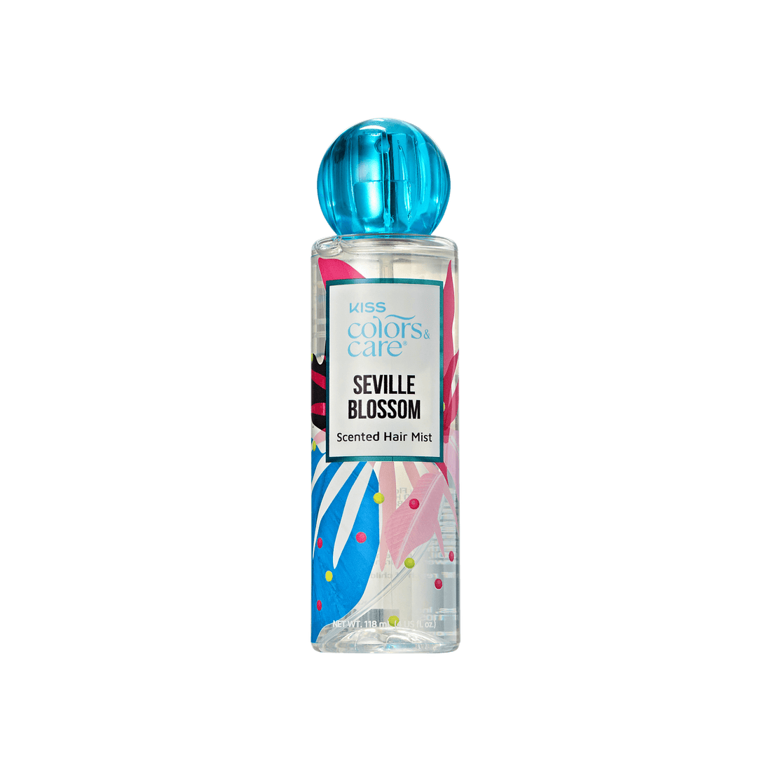 Clear plastic bottle with a blue spherical cap, decorated with colorful abstract leaves, labeled "KISS Colors &amp; Care Seville Blossom Scented Hair Mist."