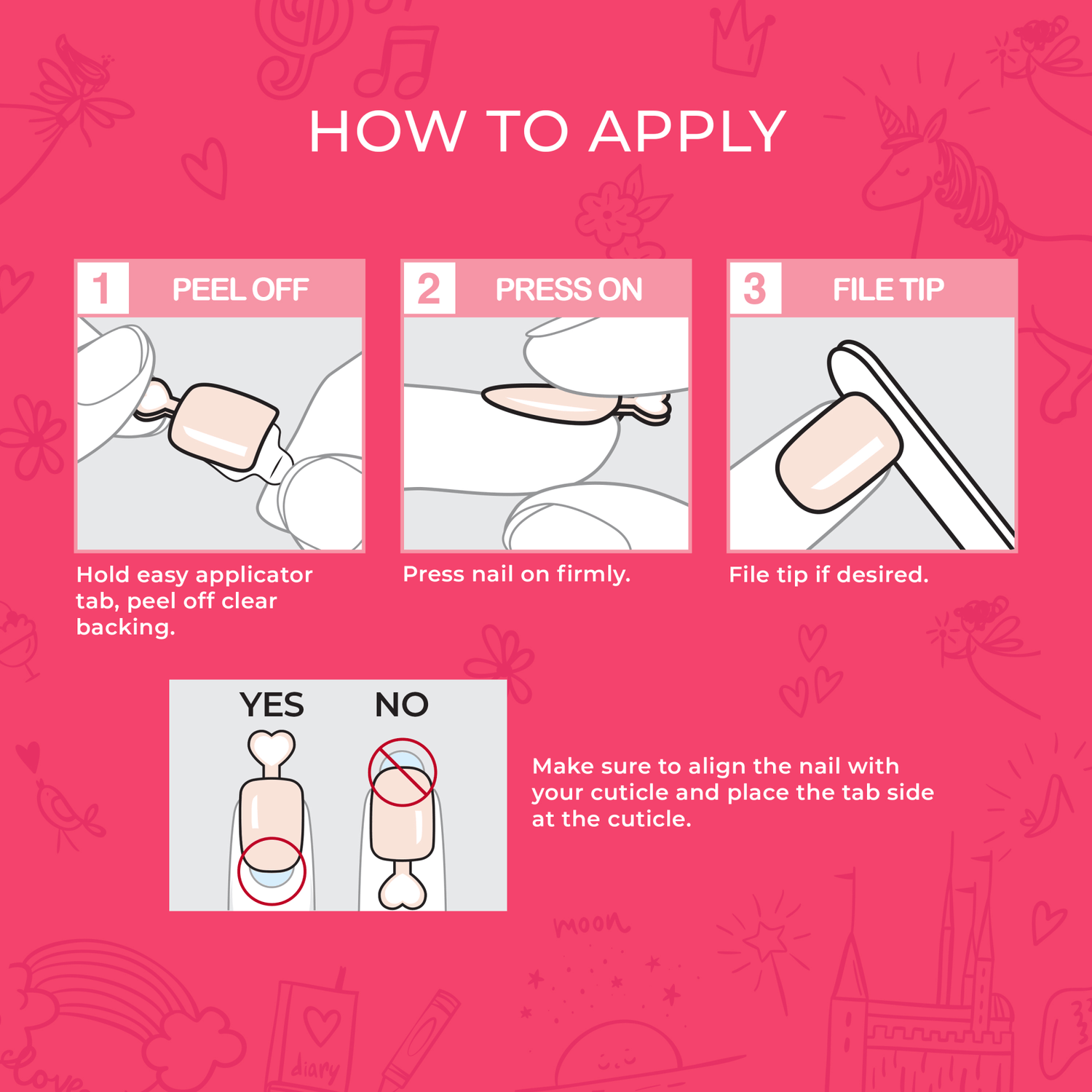 Step-by-step guide on how to apply a nail extension with illustrations and text on a pink background.