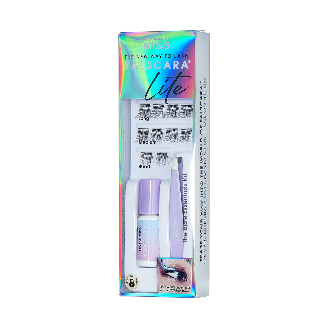 KISS FALSCARA Lite Bare Essentials Mini Starter Kit packaging showing 10 wisps of false lashes in long, medium, and short lengths, with mini bonding glue and purple applicator.