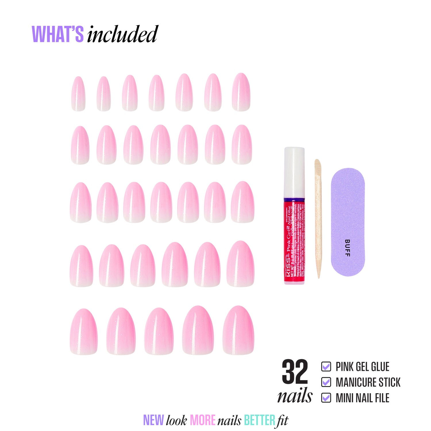 32 pink ombre press-on nails with gel glue, manicure stick, and mini nail file included.