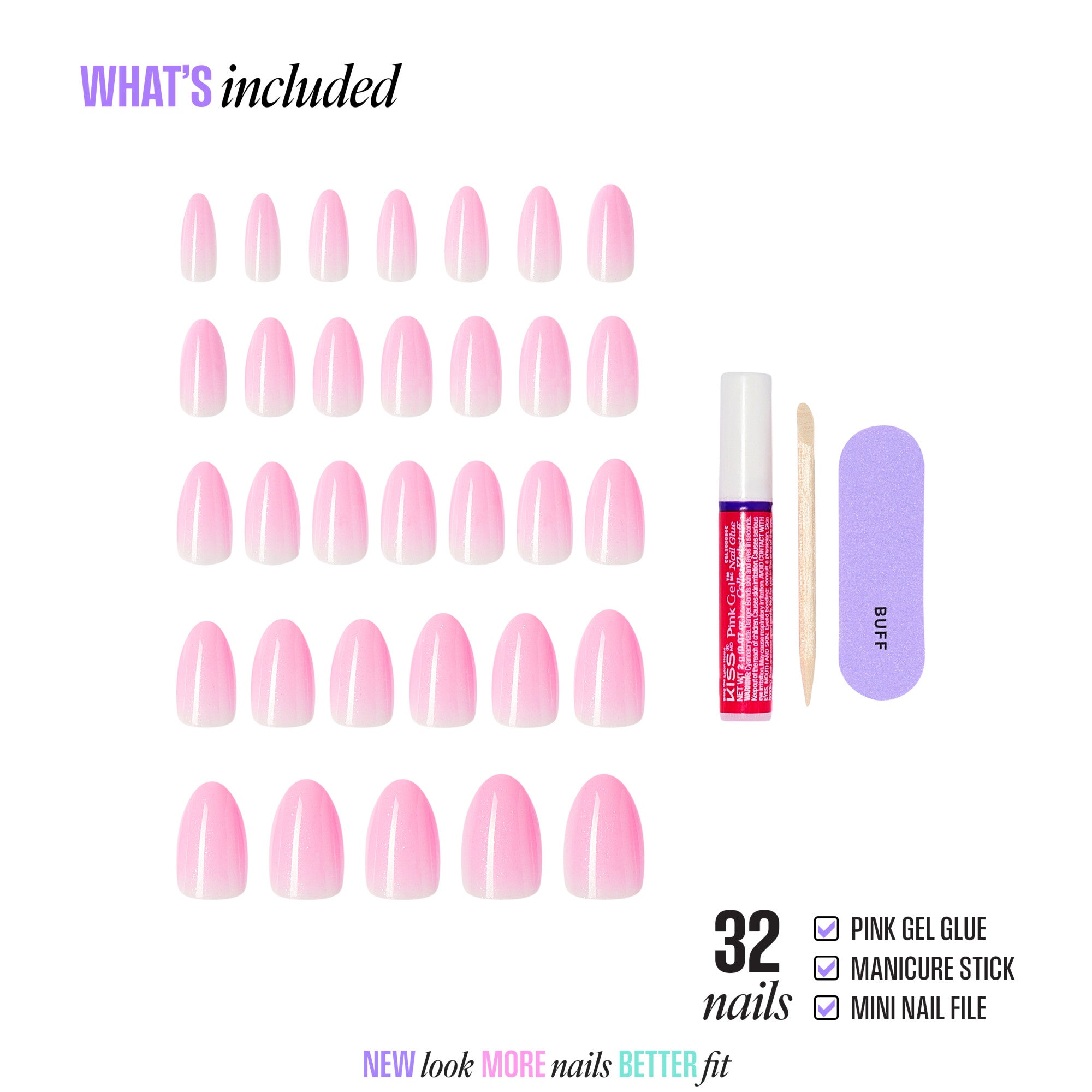 32 pink ombre press-on nails with gel glue, manicure stick, and mini nail file included.