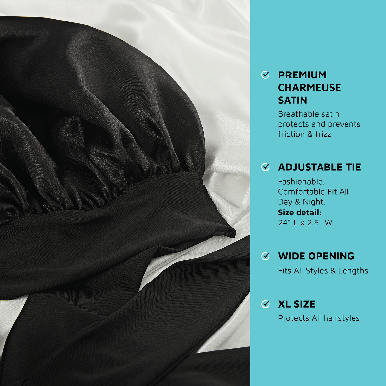 Black satin bonnet with adjustable tie on white bedding, product features listed.