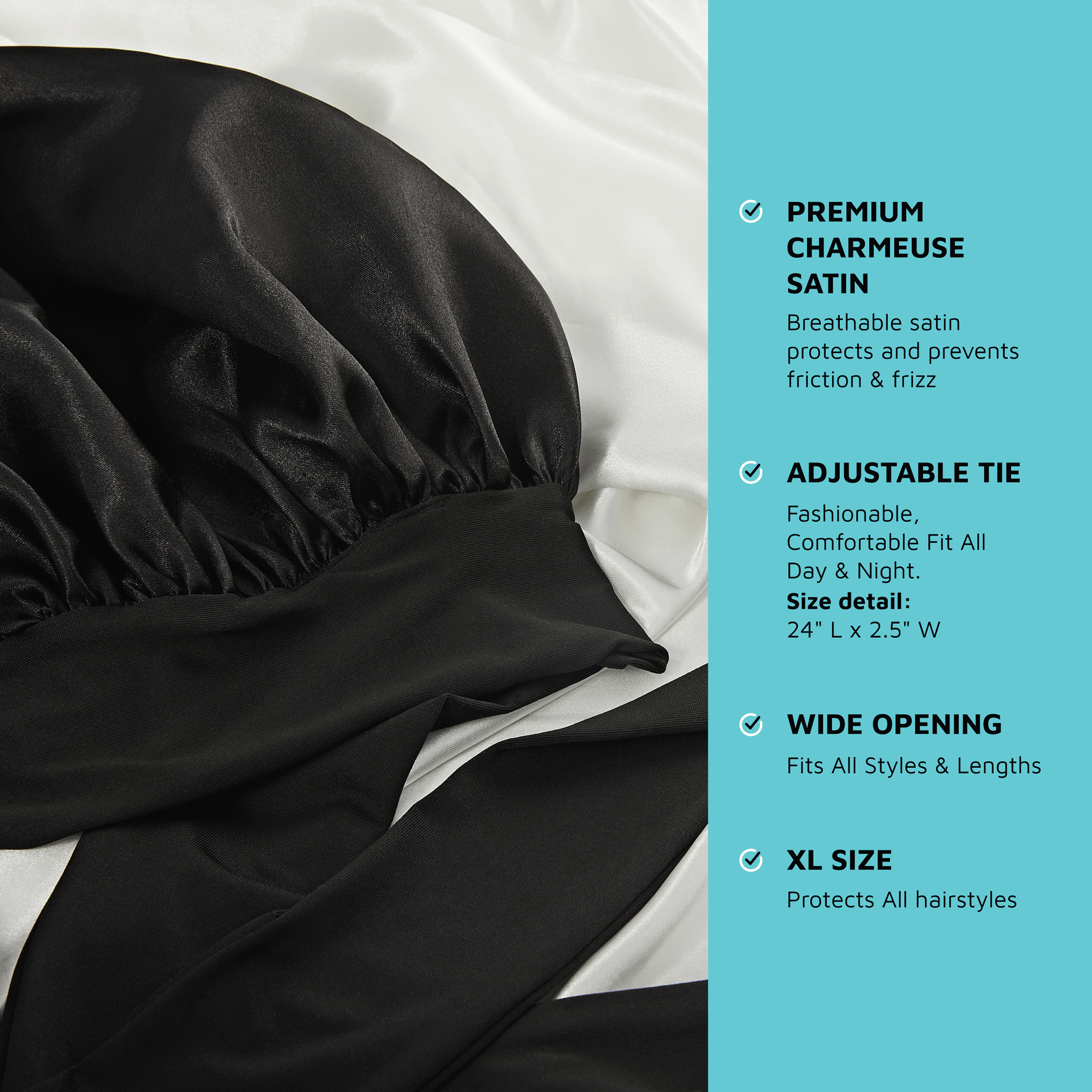 Black satin bonnet with adjustable tie on white bedding, product features listed.