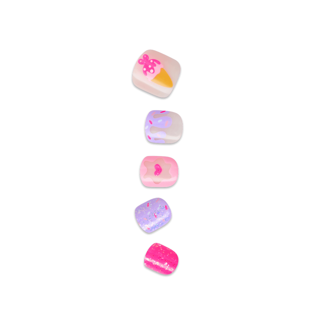 Five colorful dessert icons on nails 