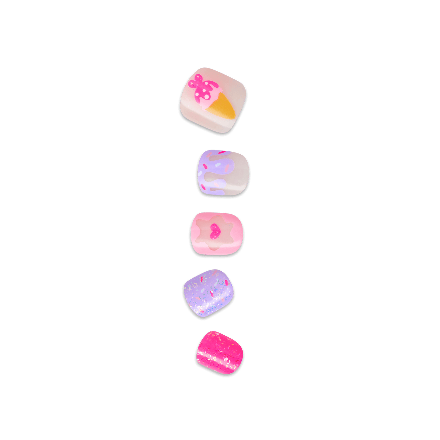 Five colorful dessert icons on nails 