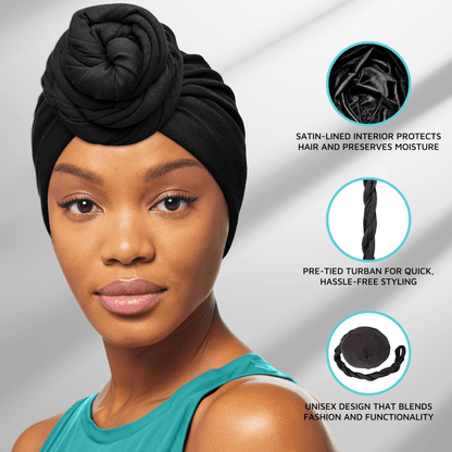 Satin-Lined Halo Turban Set Black w/ 2 Wave CapsPremium - Image 11