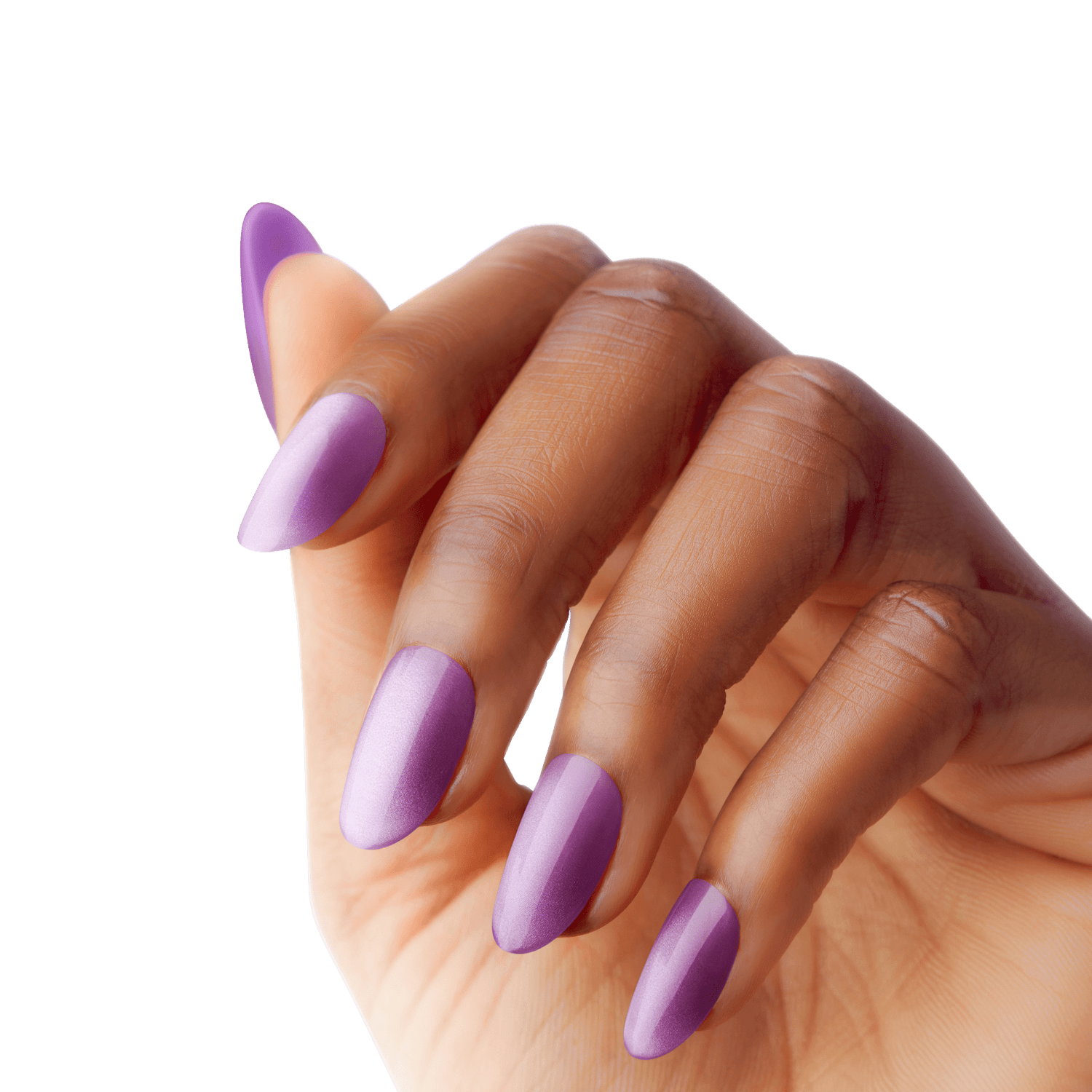 Hand with long, almond-shaped nails painted in a smooth, shimmery purple shade, shown against a plain background.