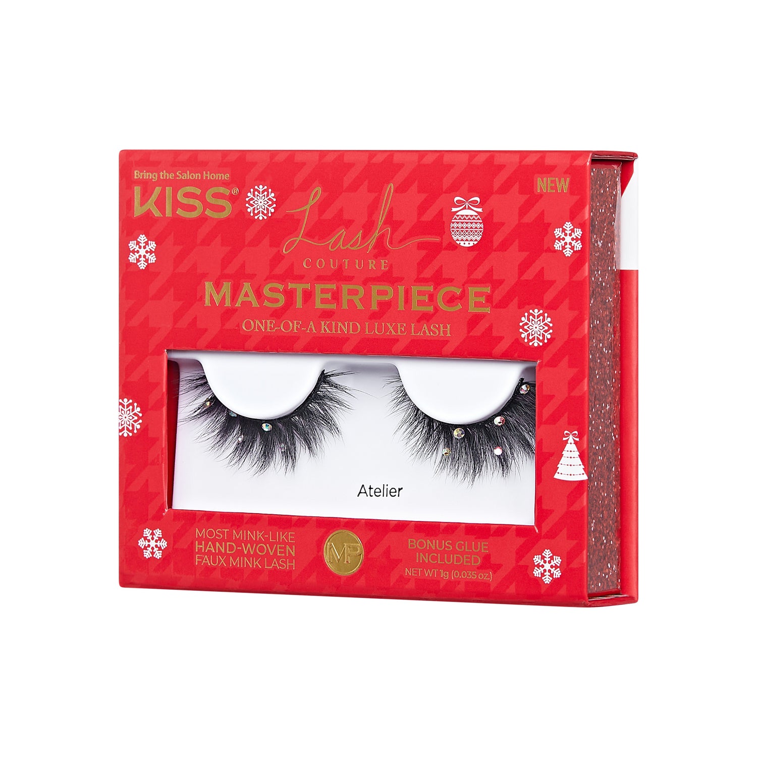 Red holiday-themed packaging featuring a pair of black, hand-woven faux mink false lashes adorned with small rhinestones, labeled \