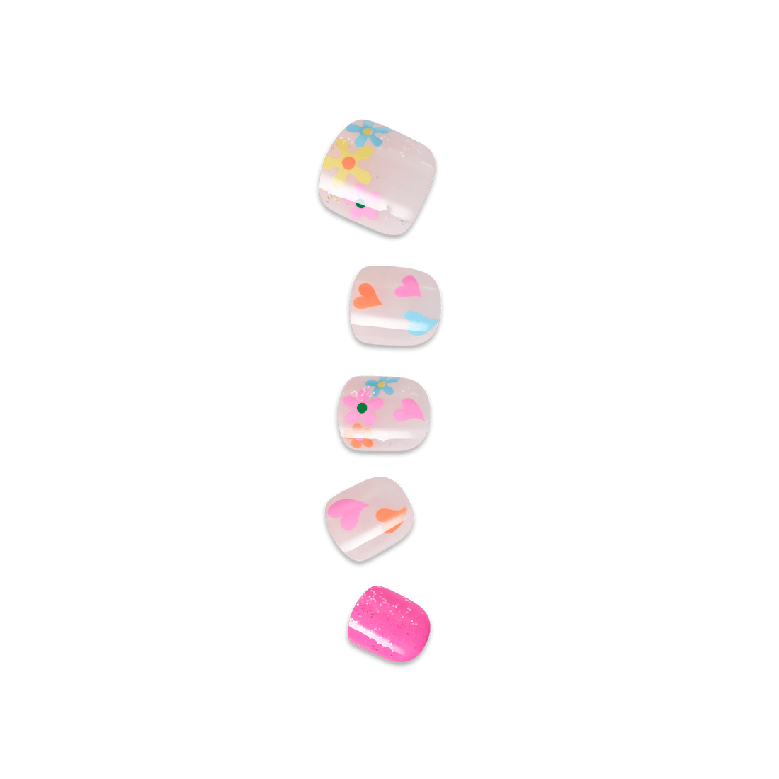 Five pink decorative airpods cases with colorful designs including flowers, hearts, and glitter.
