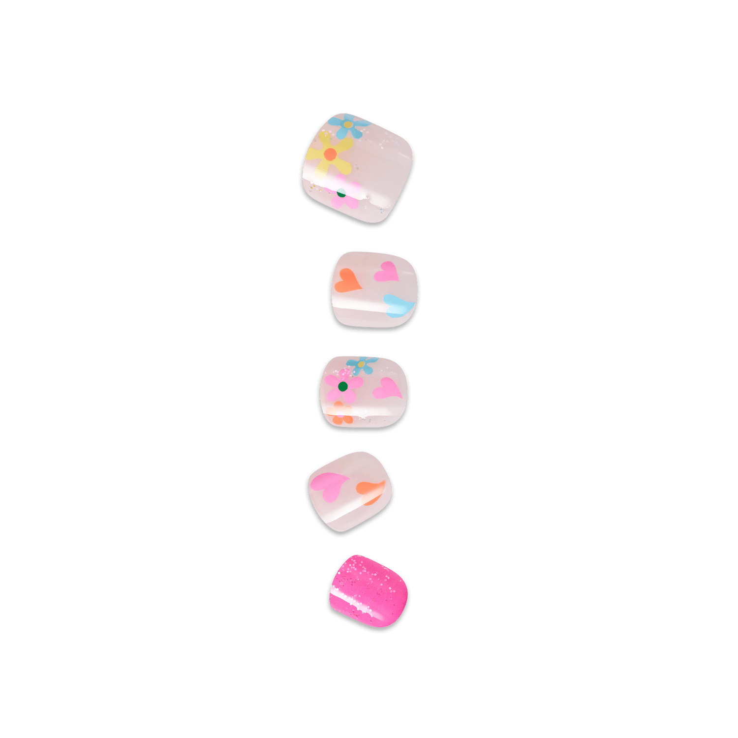 Five pink decorative airpods cases with colorful designs including flowers, hearts, and glitter.