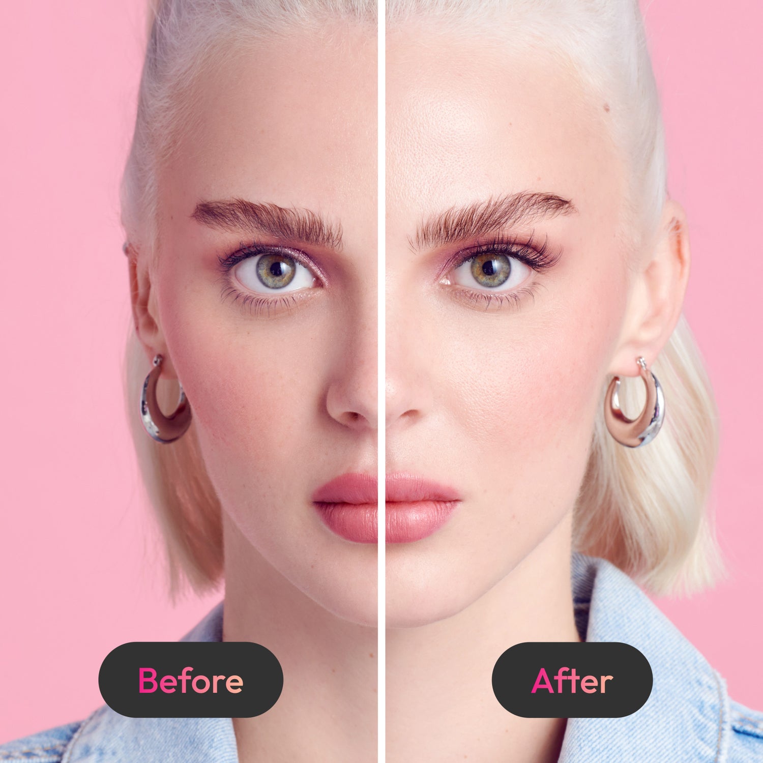 Close-up split view of a woman’s face against pink background, left side without lashes, right side with fuller, longer KISS Filter Lashes applied. Labels read \