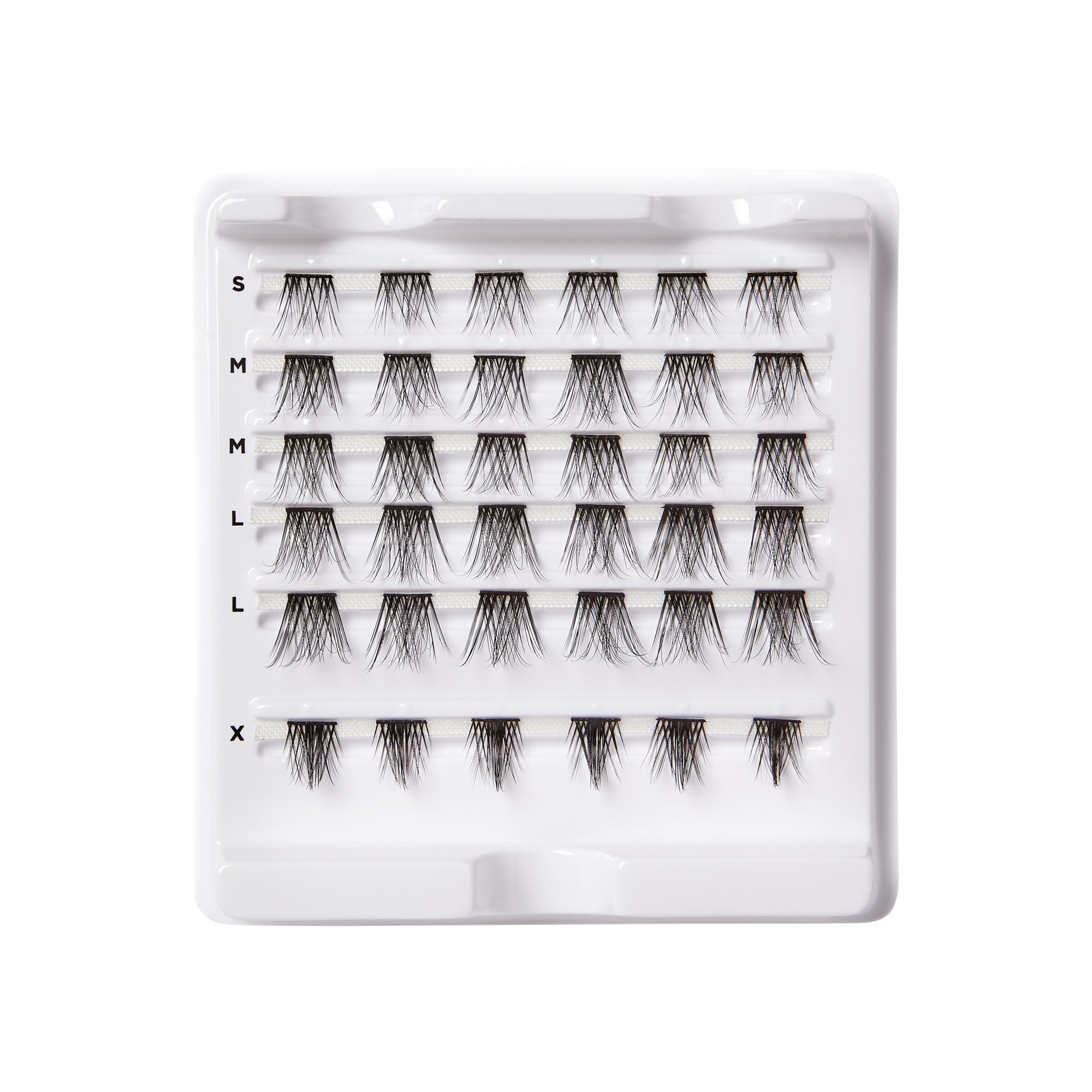 Tray of FALSCARA Wisps Special Edition Volumizing false eyelashes in five sizes, arranged in neat rows on a white plastic holder.