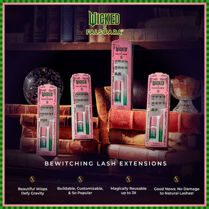 WICKED x FALSCARA pink boxed false eyelash kits displayed on vintage books, highlighting reusable, customizable lashes with no damage to natural lashes.