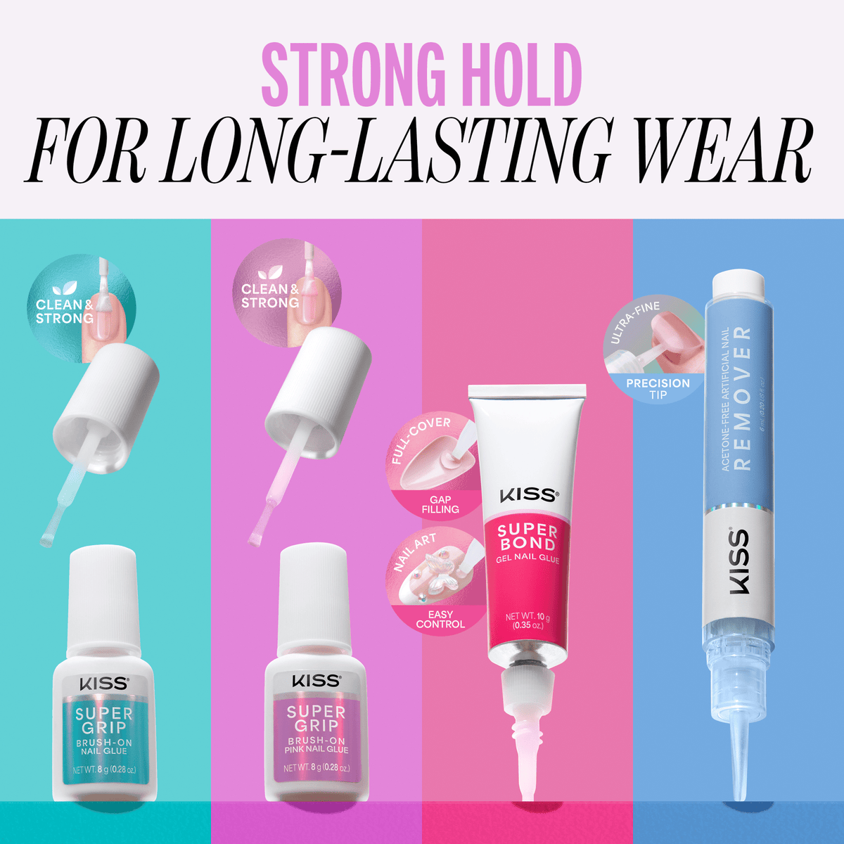 Kiss SuperGrip Brush-On Pink Nail Glue | Nail Adhesive, Press-On Glue, Vitamin E Infused, Long-Lasting Wear, Clean &amp; Strong, Pink Tint, 0.28 oz.