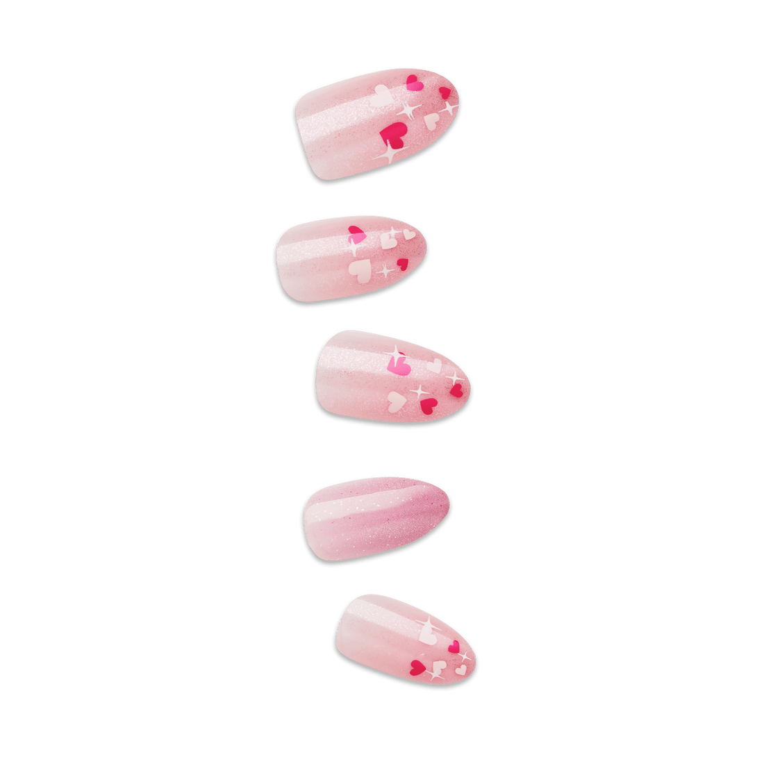 Five press-on nails in varying sizes with a soft pink gradient base color. Some nails feature small heart shapes in shades of red and white, along with subtle white sparkles.