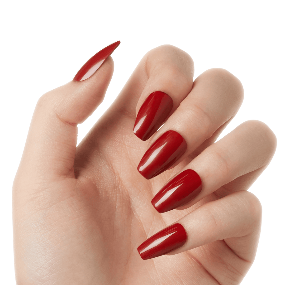 Hand with long coffin-shaped acrylic nails painted in solid glossy deep red, shown against a transparent background.