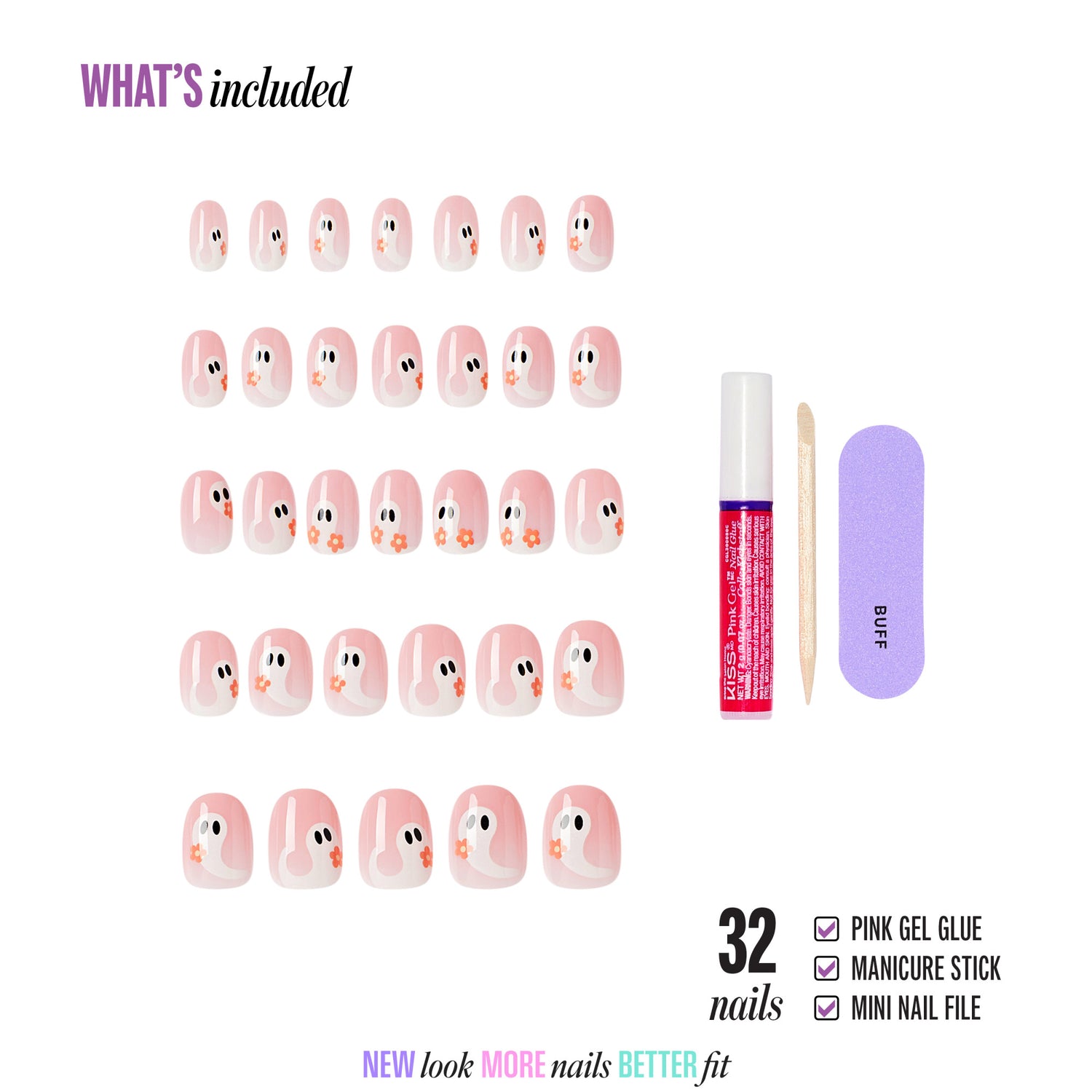 Kiss Haunt Halloween Press On Fake Glue Nails - Cursed But Cute | Design, Pink, Short, Round, Glow In The Dark