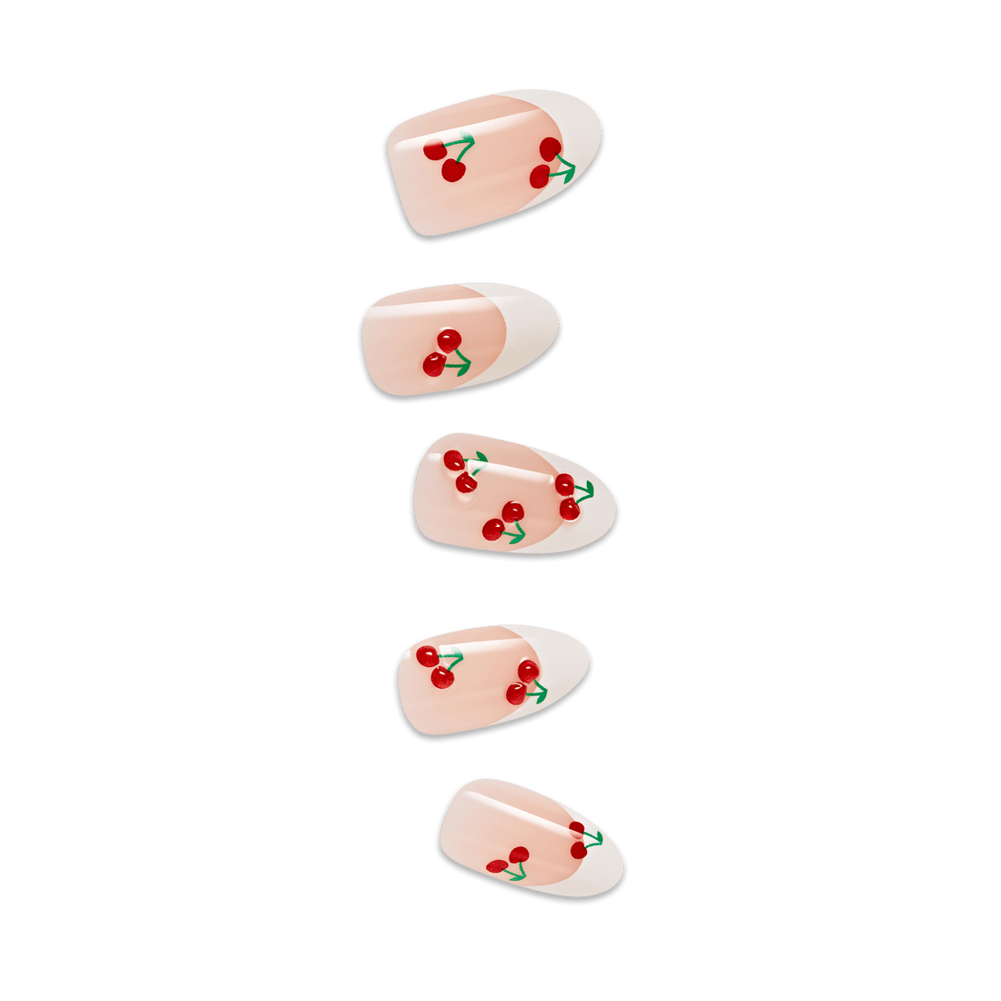 five pink and white nails with cherry designs on a translucent background
