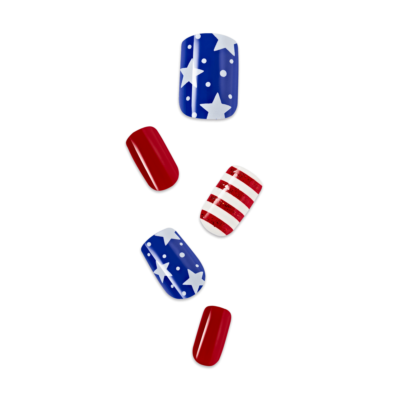 Nail art designs with American flag pattern on a transparent background