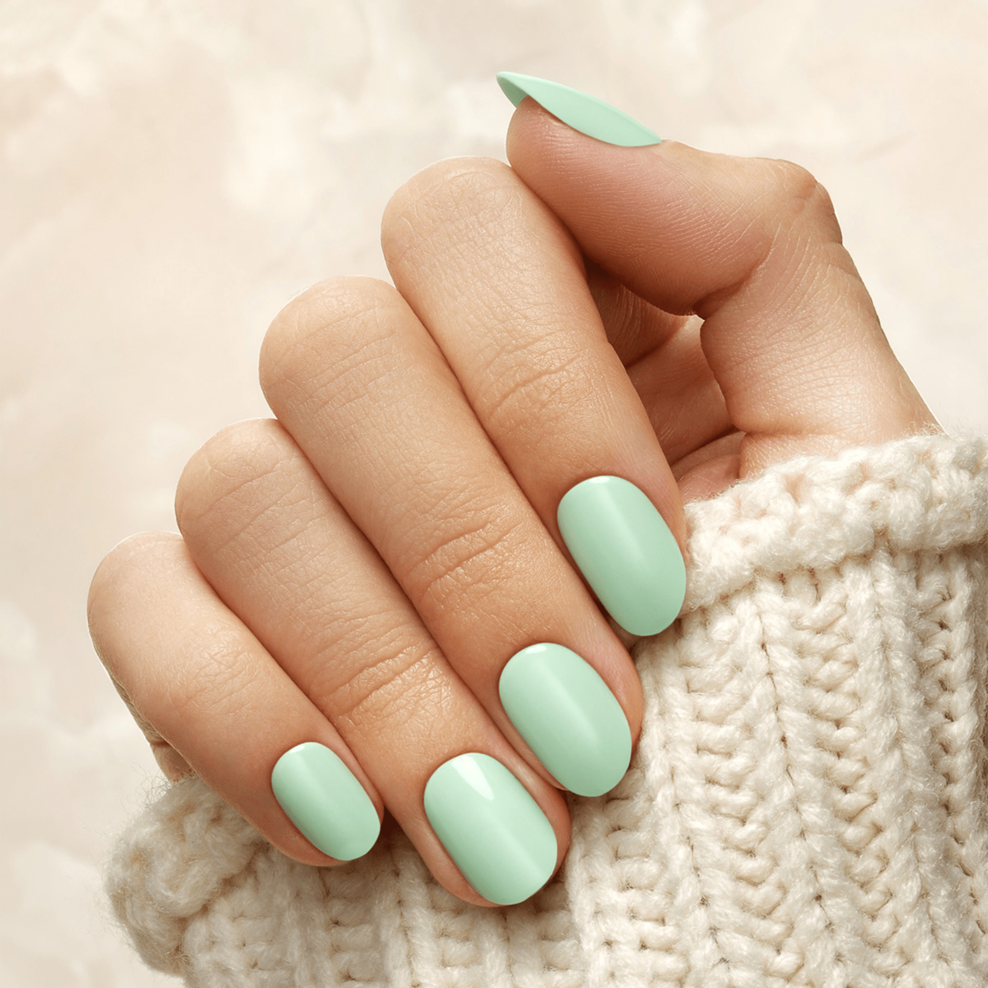 Hand with press-on nails in a soft mint green color, shown against a light cream knit sweater background, nails are oval shaped and glossy.