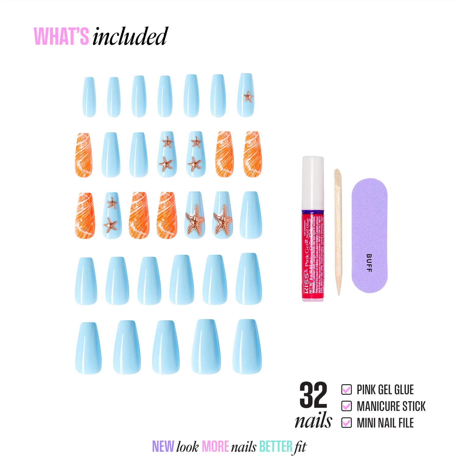 Nail art kit with blue and orange nails, pink gel glue, manicure stick, and mini nail file on a white background.