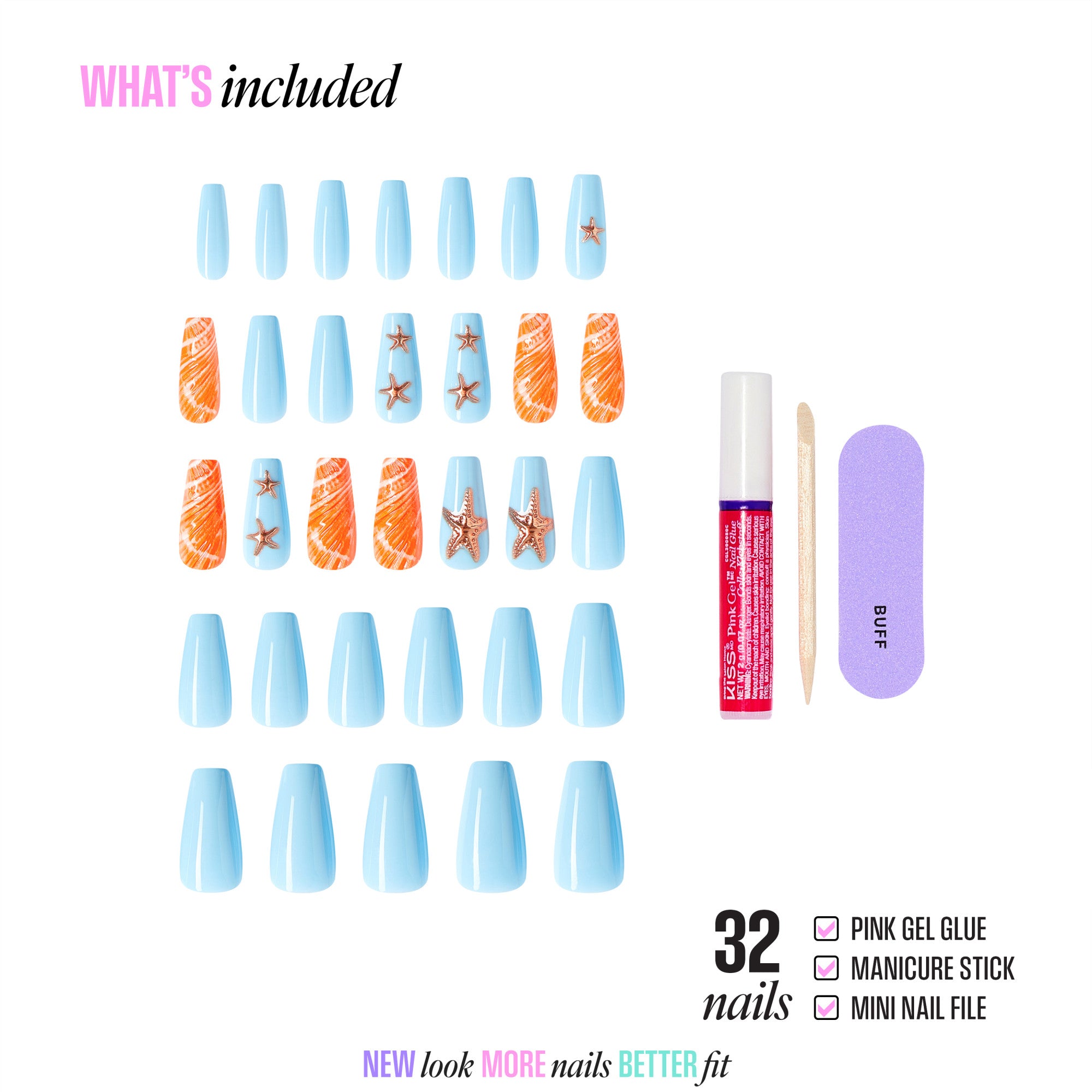 Nail art kit with blue and orange nails, pink gel glue, manicure stick, and mini nail file on a white background.