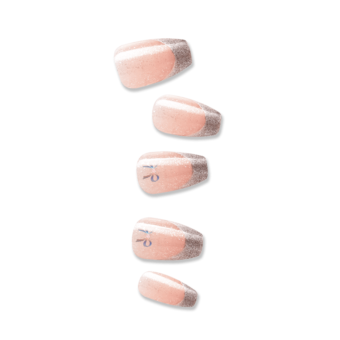 Set of six press-on nails in a soft pink shade with silver glitter tips. Two nails feature a small, subtle blue and silver ribbon design.