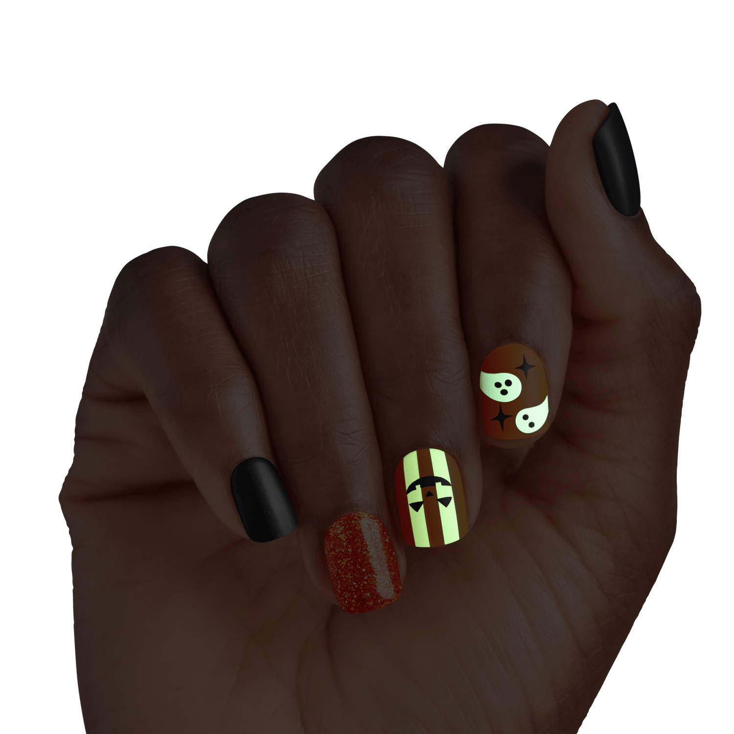 Impress Design Halloween No Glue Fake Press On Nails - Dead Glam | Design, Orange &amp; Black, Short, Squoval, Glow In The Dark, Manicure