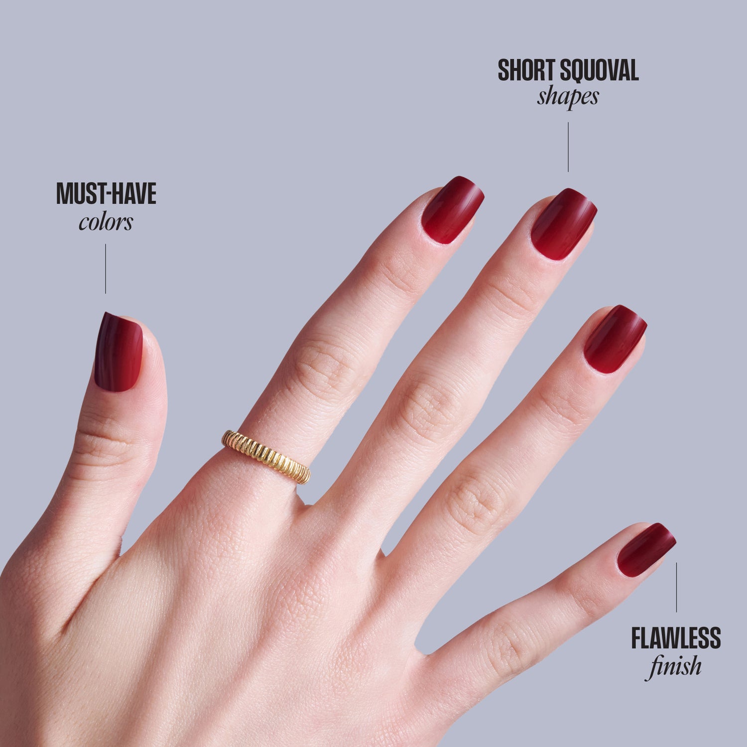 Short squoval red nail polish swatches showing must-have colors and flawless finish