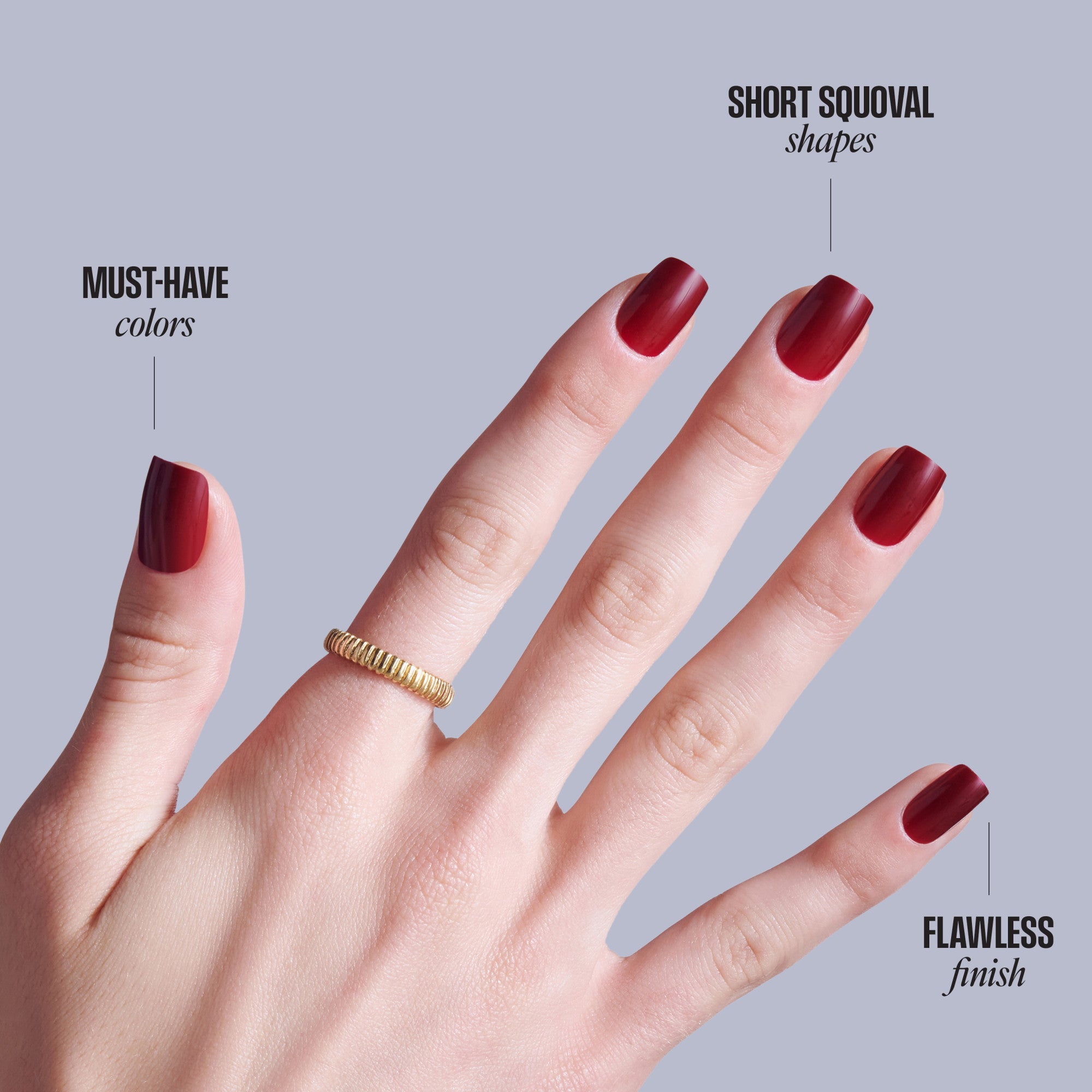 Short squoval red nail polish swatches showing must-have colors and flawless finish