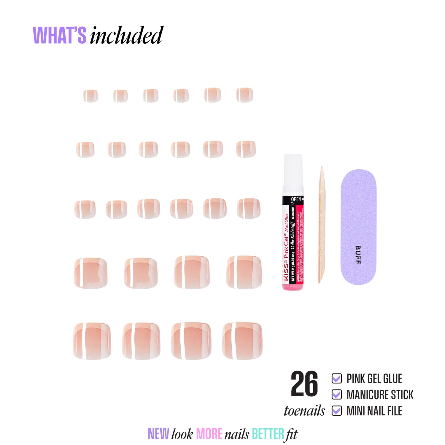26 nude striped press-on nails kit with gel glue, manicure stick, and file included.
