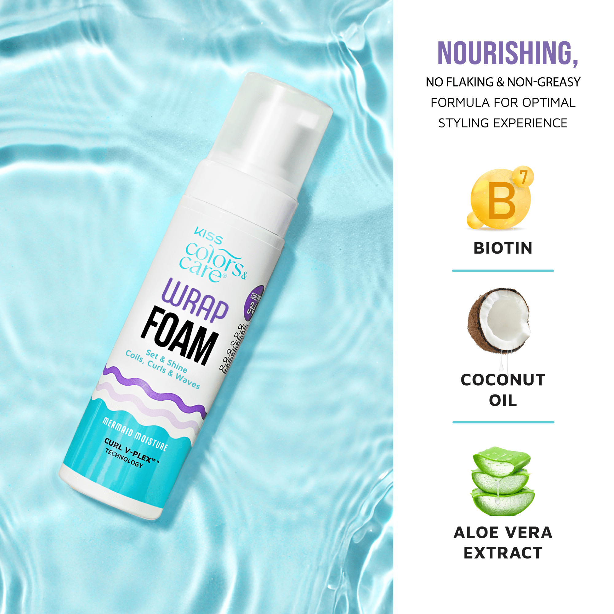 Color Care Wrap Foam bottle with ingredients listed on a blue water background