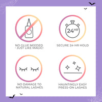 Four circular icons with gradient borders on a white background framed by a purple border with small bats and spiderwebs. Icons highlight features: no glue needed, secure 24-hour hold, no damage to natural lashes, and easy press-on lashes.