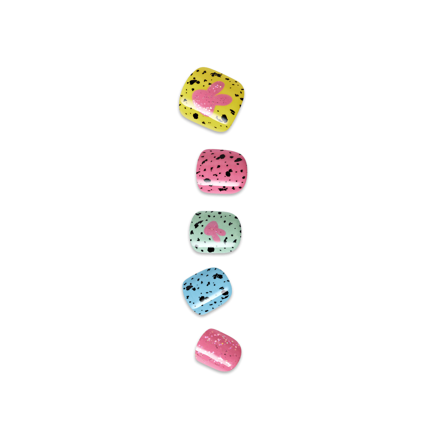 Five colorful speckled bath bombs in yellow, pink, green, blue, and magenta.