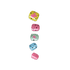 Five colorful speckled bath bombs in yellow, pink, green, blue, and magenta.