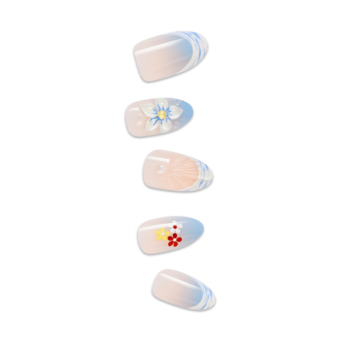 Set of four decorative nails with floral designs on a transparent background
