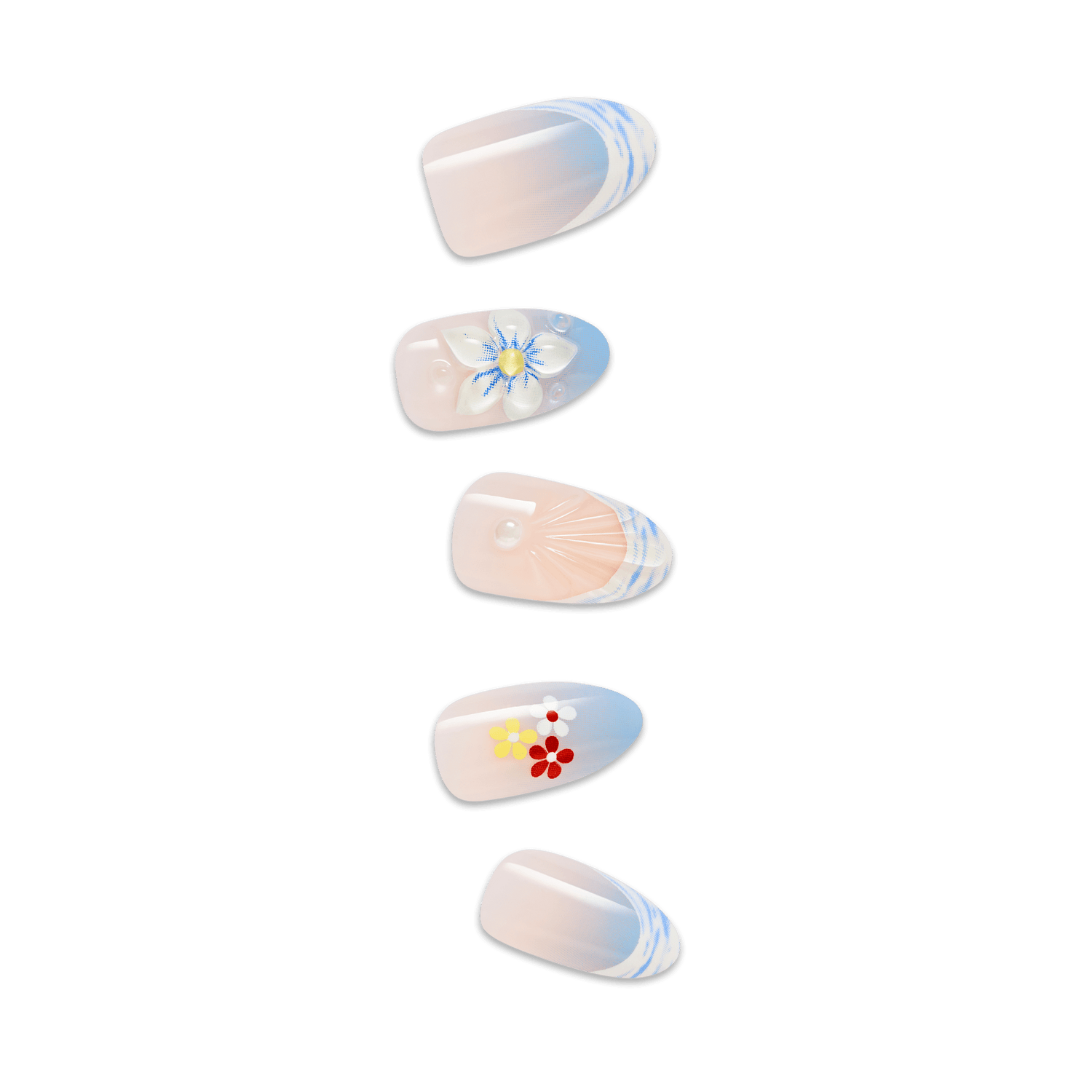 Set of four decorative nails with floral designs on a transparent background
