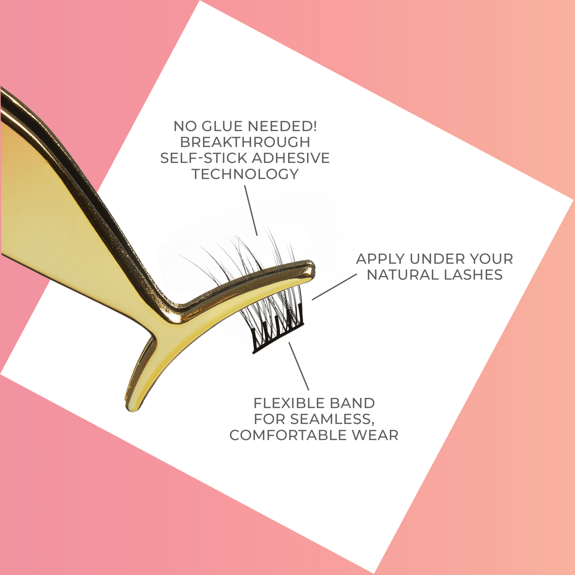 Eyelash extension tool with text on a pink and white background
