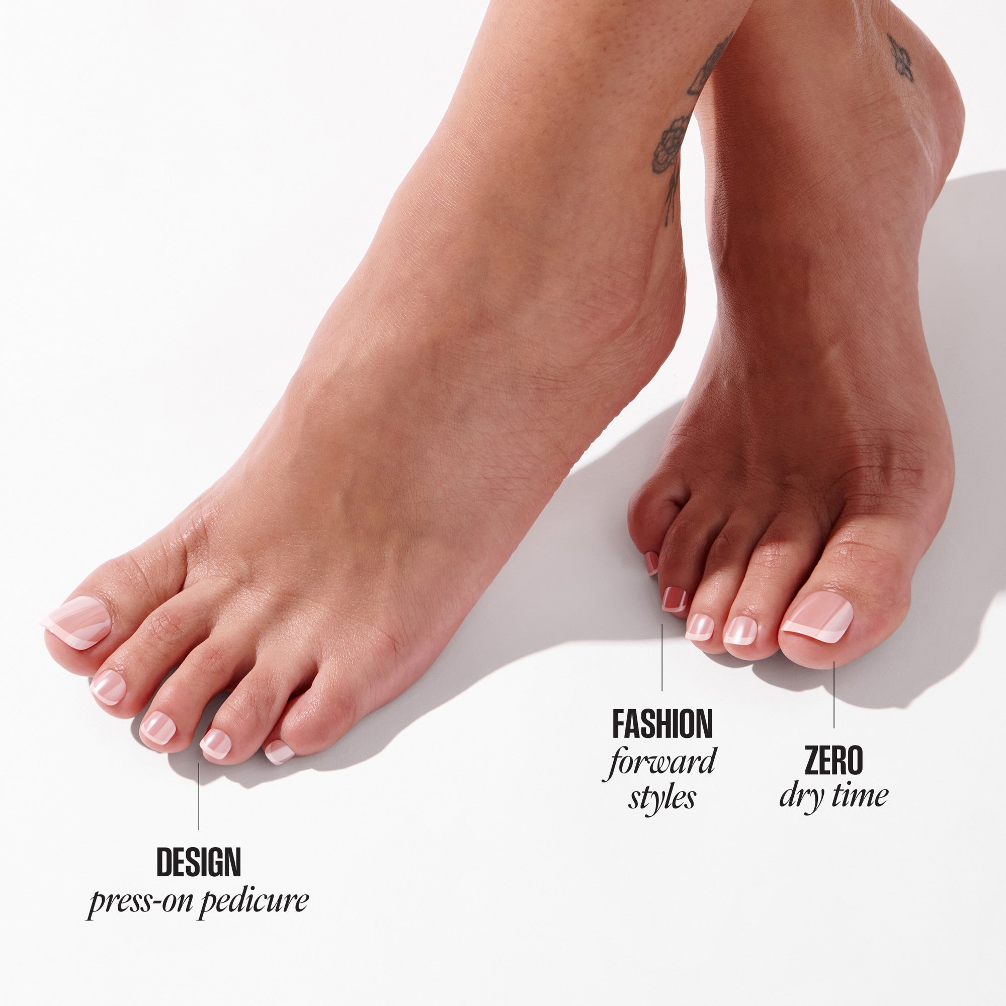 Press-on pedicure with fashion-forward styles and zero dry time application.