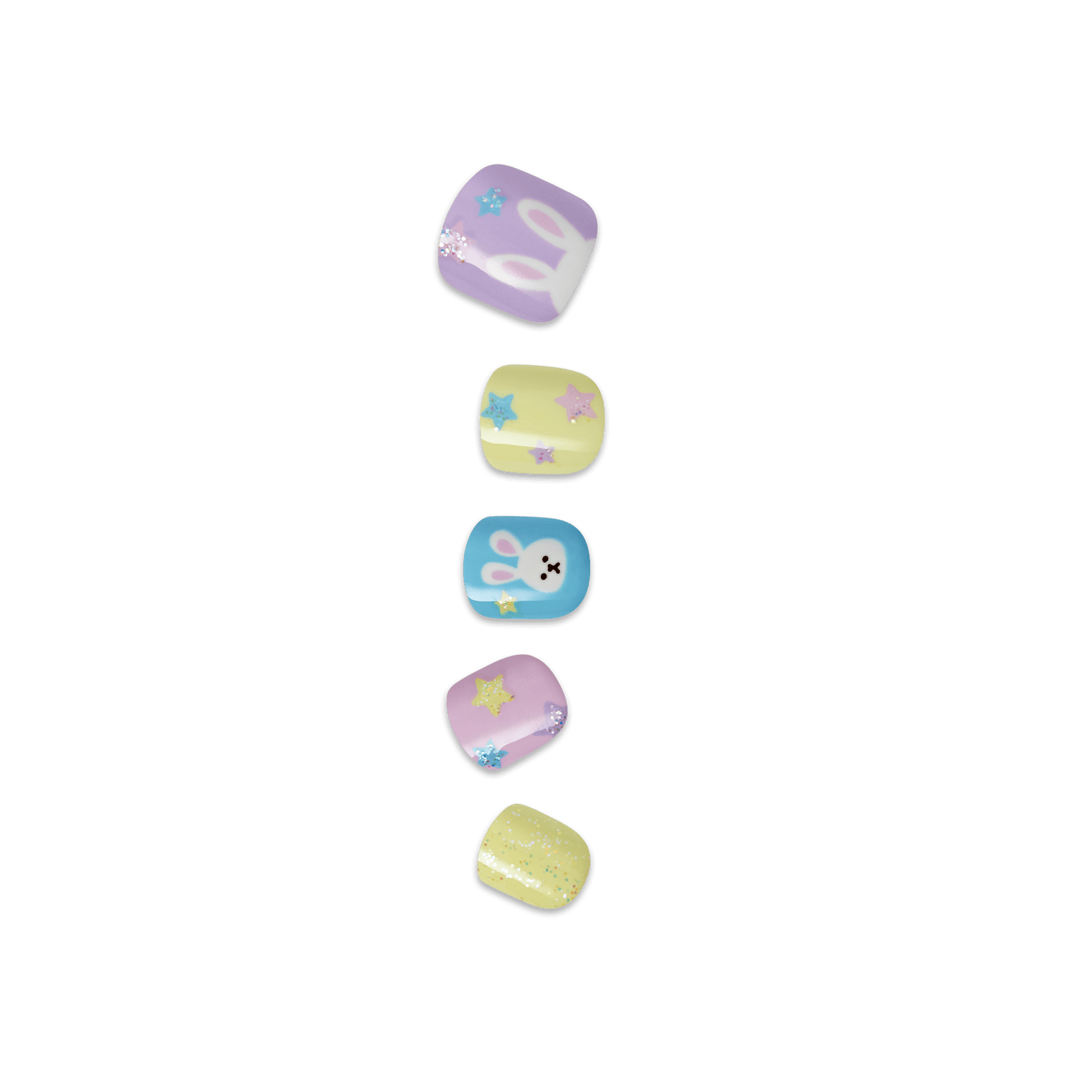 Five colorful nail polish or paint swatches in purple, yellow, blue, pink, and yellow glitter.