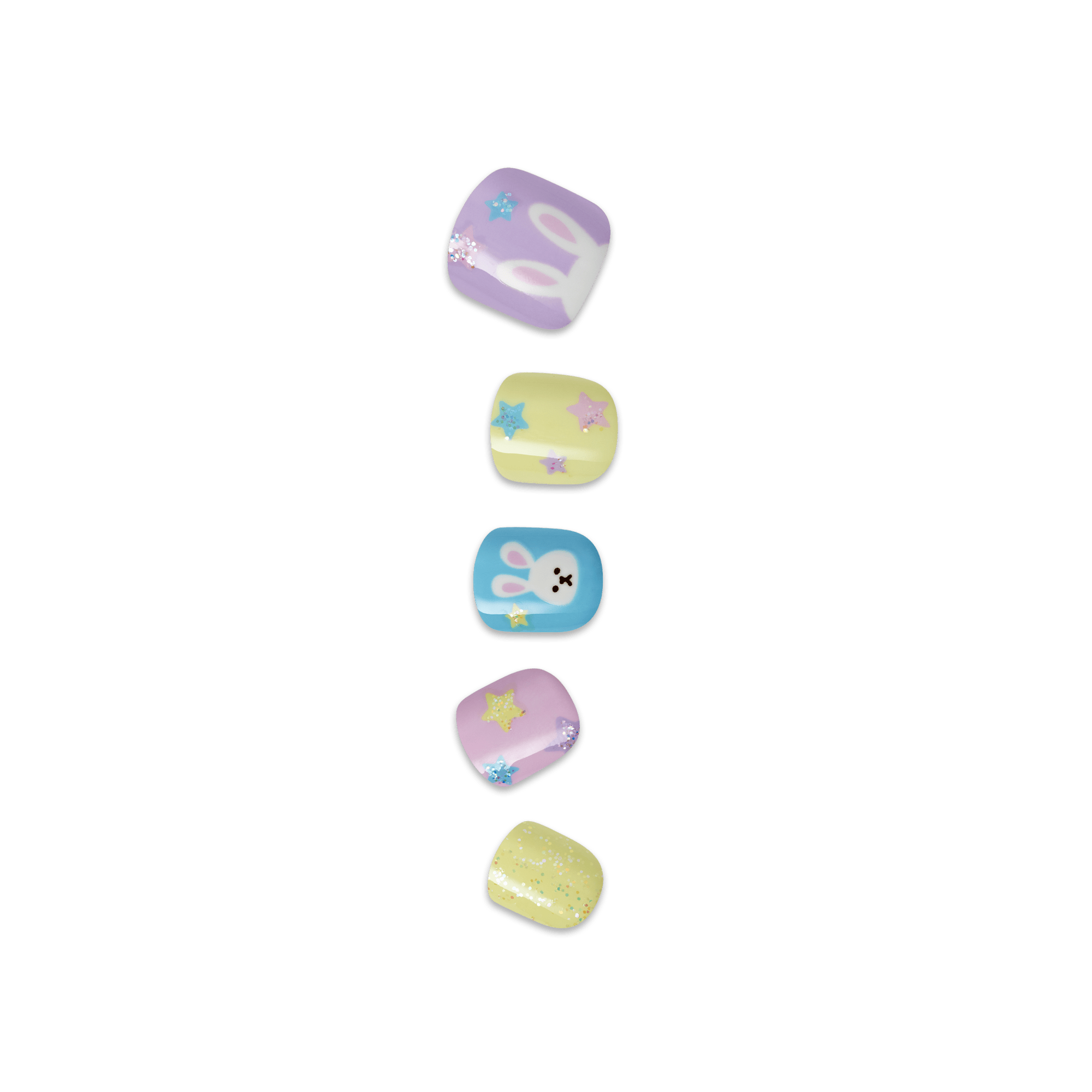 Five colorful nail polish or paint swatches in purple, yellow, blue, pink, and yellow glitter.