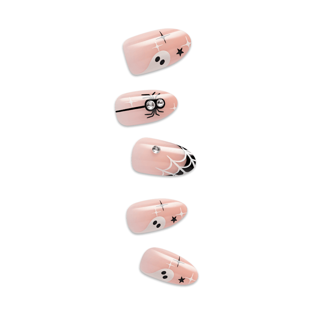 Set of five pink nail designs with various patterns on a and spider background