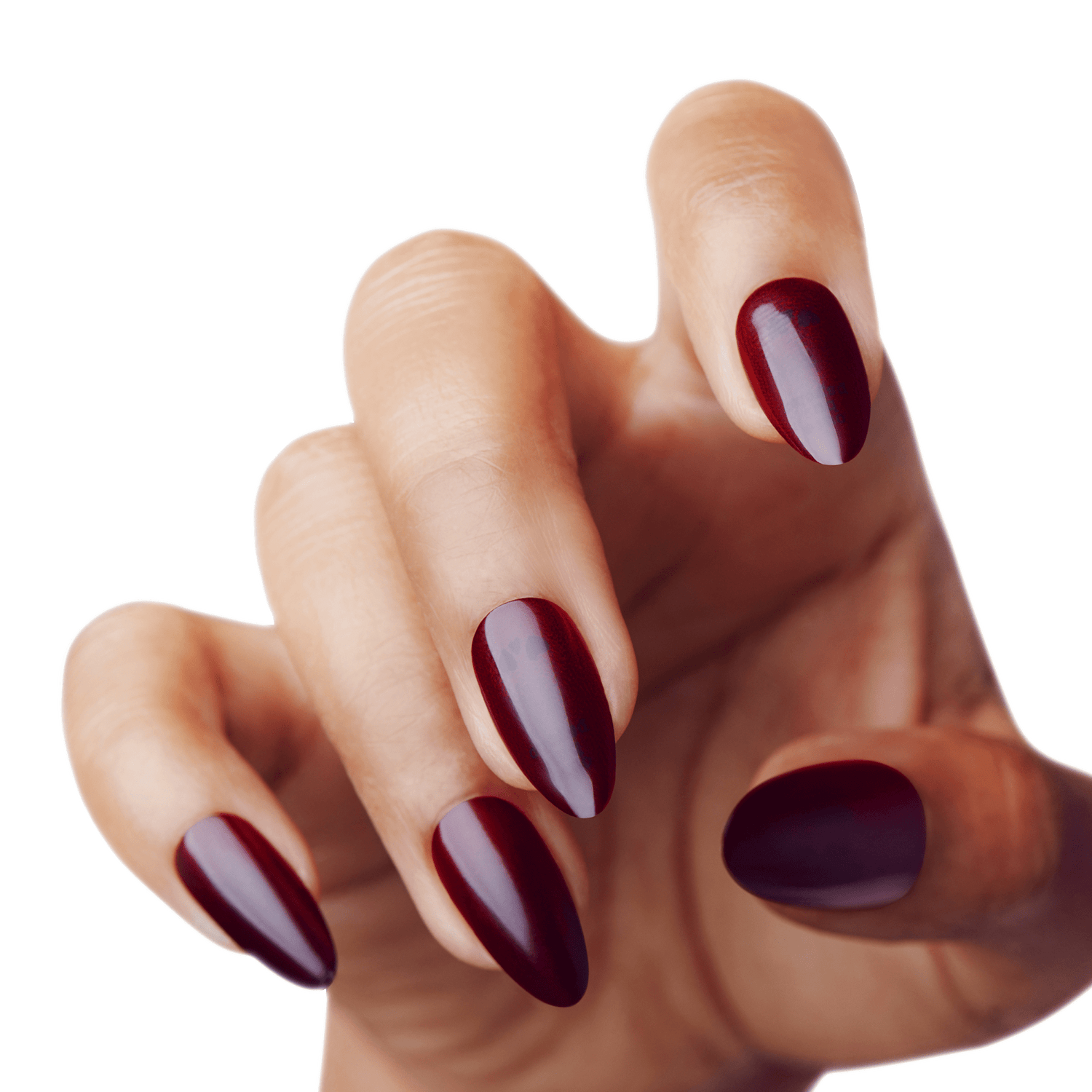 Hand with medium-length, almond-shaped press-on nails in a deep, glossy burgundy color, shown against a white background.