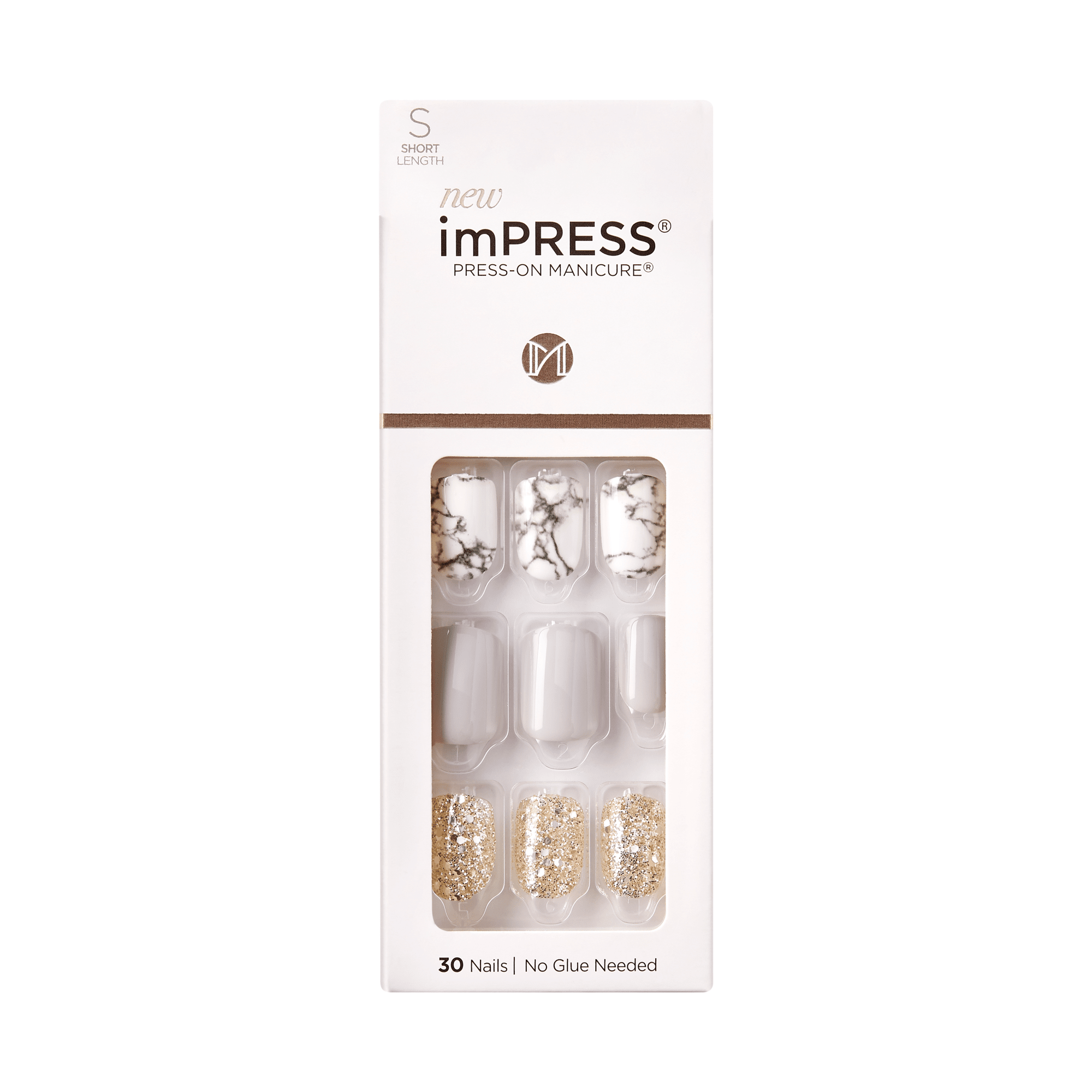imPRESS press-on manicure nails in short length, featuring white marble, solid white, and gold glitter designs, packaging states 30 nails, no glue needed.