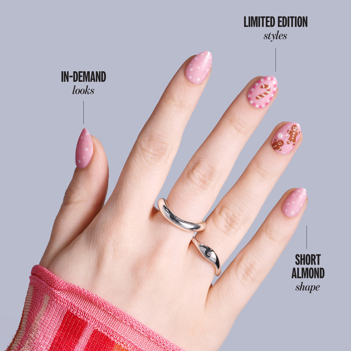 Kiss Merry Holiday Press On Fake Glue Nails - Blanket Season | Design, Pink, Short, Almond