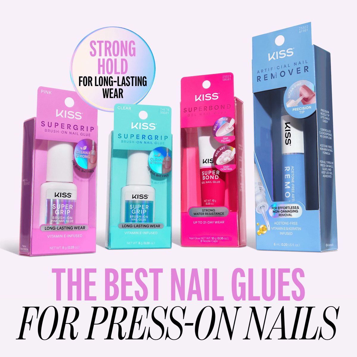 Kiss SuperGrip Brush-On Pink Nail Glue | Nail Adhesive, Press-On Glue, Vitamin E Infused, Long-Lasting Wear, Clean &amp; Strong, Pink Tint, 0.28 oz.